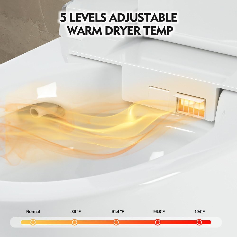 Smart Heated Bidet Toilet Seat with Warm Water Wash & Dryer, Automatic Flush — Elongated One‑Piece Toilet with Remote Control, Adjustable Water/Seat/Air Temp, Soft‑Close Lid