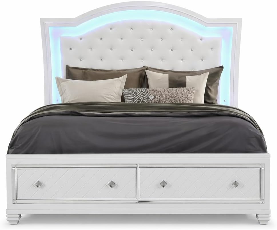 First of a Kind Shiney Contemporary 5 Piece Queen Bedroom Set High Gloss White Finish with Upholstered Headboard, Sleek Modern Bedroom Furniture Set for Coordinated Interiors