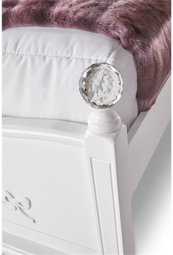 Pemberly Row Contemporary 3 Piece Twin Bedroom Set, Solid Rubber Wood and Engineered Wood with Okume Veneer, White Faux Leather Headboard, Crystal Accents, Button Tufting, White Finish for Bedroom Use