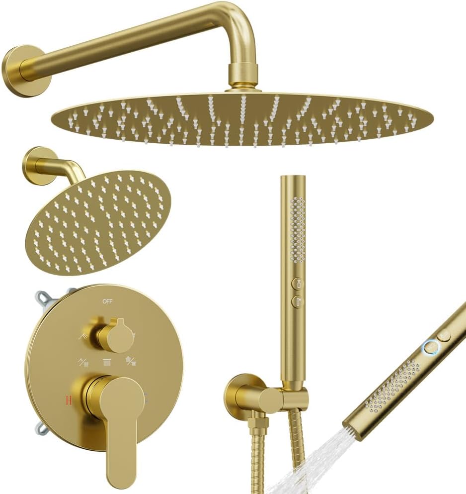 Shower Systems STARBATH 12+6' Round Dual Rainfall Shower Head with Handheld Spray for Two People, Wall Mounted 3 Way Rain Shower Faucet Sets Complete, Included Valve and Trim Kit, Brushed Gold