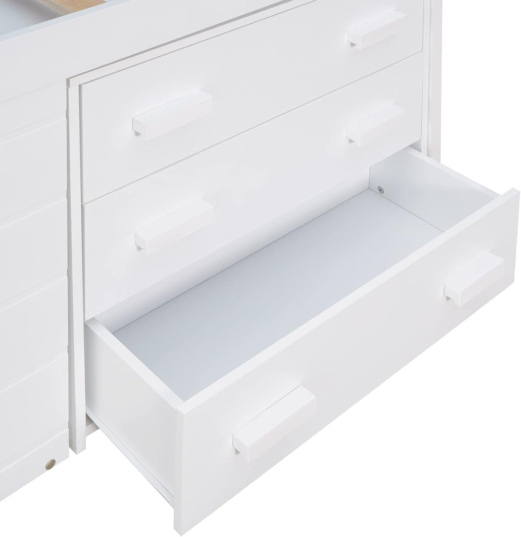 Ball & Cast Twin Size Low Loft Bed with Safety Guardrail & Stair,Wooden Bedframe W/Cabinet & Shelf,Solid Construction,No Spring Box Needed,Furniture Set for Boys Girls Keens Study Bedroom,White