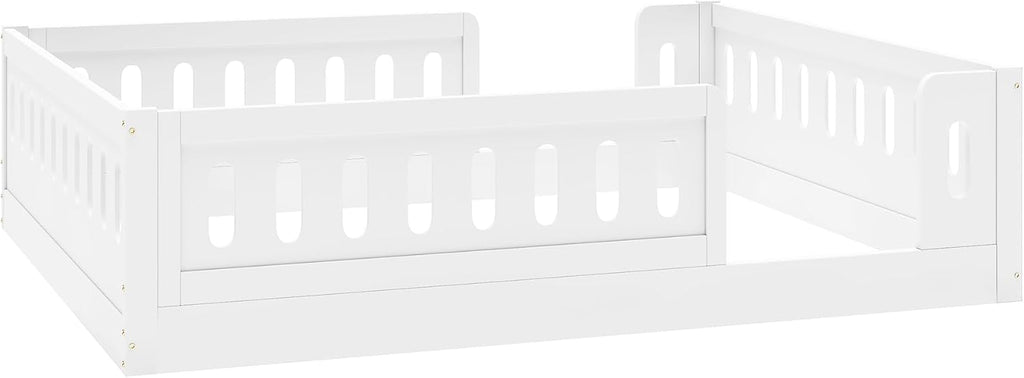 Platform Bed with Guardrails,Wood Floor Bed Frame for Bedroom,No Box Spring Needed (White, Full Size)