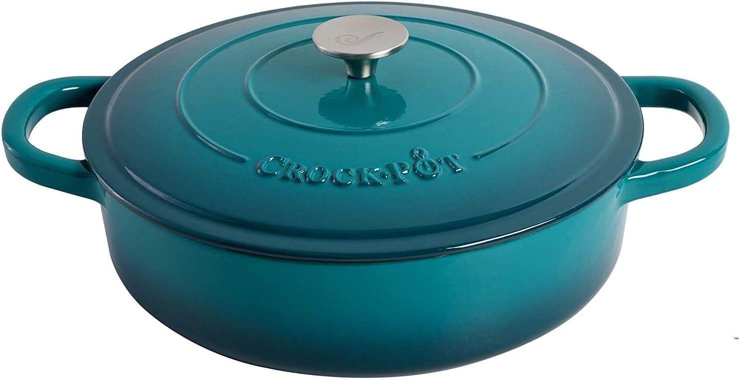 5 Quart Enameled Cast Iron Braiser Pan with Self-Basting Lid – Round Dutch Oven Casserole Dish for Roasting, Simmering & Baking – Oven Safe with Large Handles for Easy Lifting (Teal Ombre)