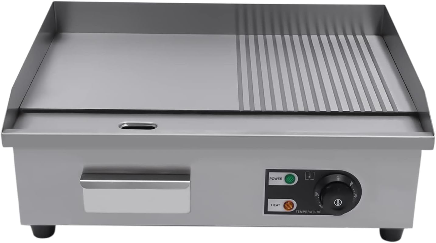 22' Commercial Electric Griddle, 1600W Electric Flat Top Grill, Flat & Fluted Cooking Surface, 122℉-572℉ Adjustable Temperature, Stainless Steel Electric Countertop Griddle for Restaurant