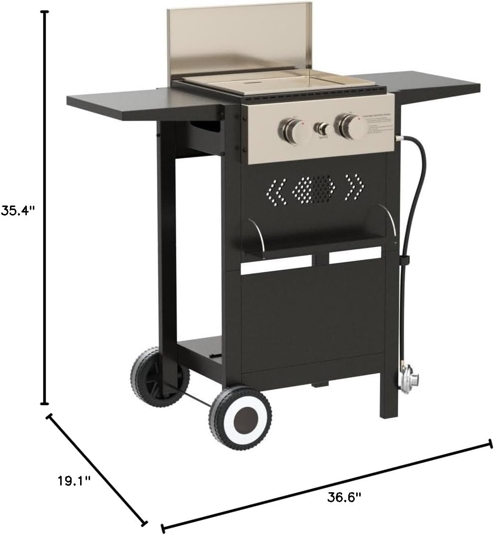 MFSTUDIO 2-Burner Propane Gas BBQ Grill with Cast Iron Griddle Pan, 20,000 BTU Output Small Barbecue Grill for Outdoor, Patio, Backyard and Balcony