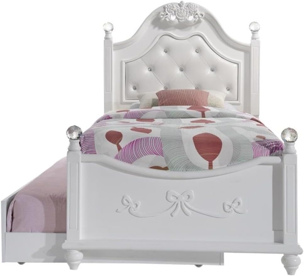 Pemberly Row Contemporary 4 Piece Twin Platform Bedroom Set, Solid Rubber Wood with White Faux Leather Headboard, Trundle Storage, Crystal Ball Posts, Bow Moldings, Bedroom Furniture for Kids or Teens