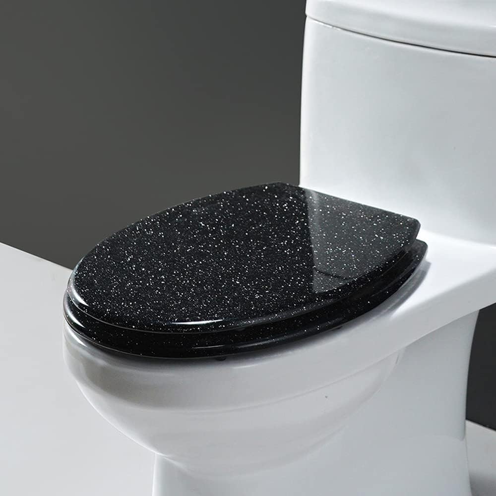 Toilet Seat Resin Glitter Toilet Seat, Sparkle Toilet Seat Cover Round Oval, Easy Installation and Cleaning, Soft Close Toilet Seat (Black)
