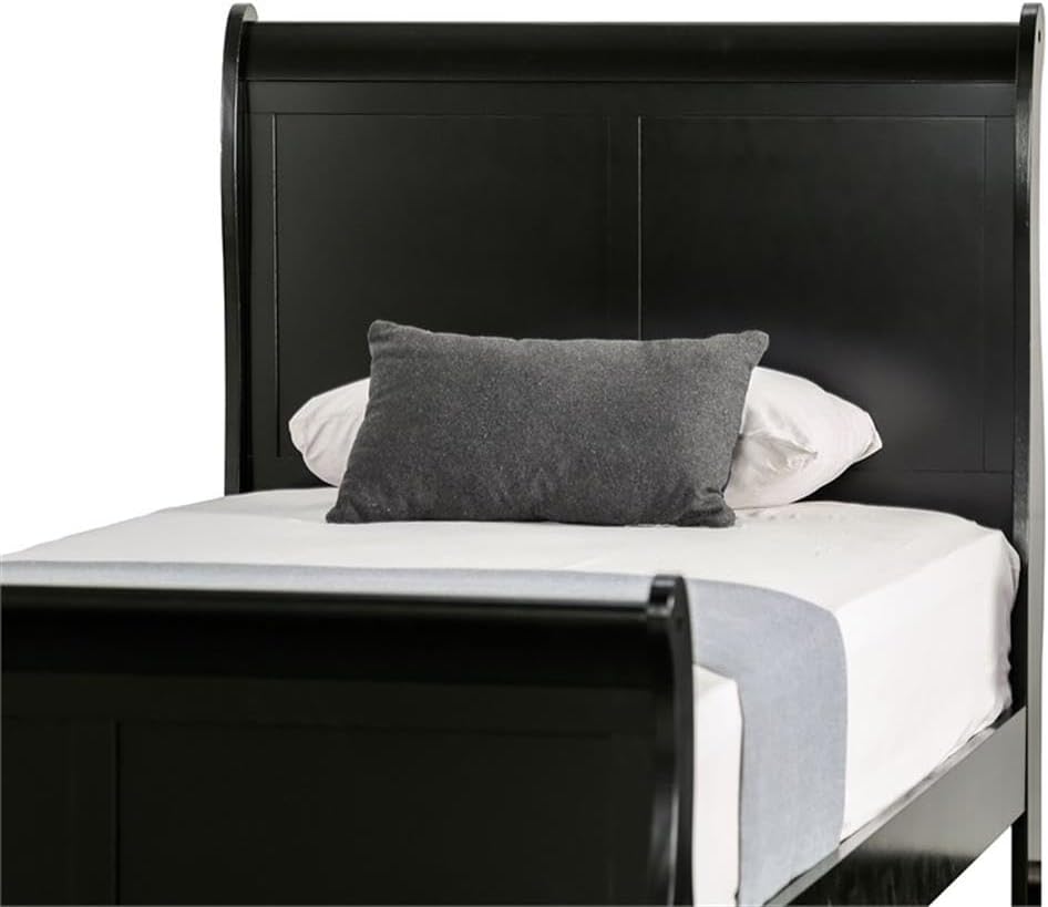 BOWERY HILL Transitional Solid Wood Panel Twin Bed, Black Finish, Sleigh Design, 83.5' L x 41.38' W x 47.25' H, Robust Frame, Paneled Headboard, Kids Bedroom Furniture