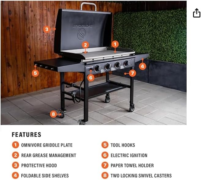 Blackston 36 Inch Gas Griddle with Hood Cooking Station 4 Burner Flat Top Gas Grill Propane Fuelled Restaurant Grade Professional 36' Outdoor Griddle Station with Side Shelf