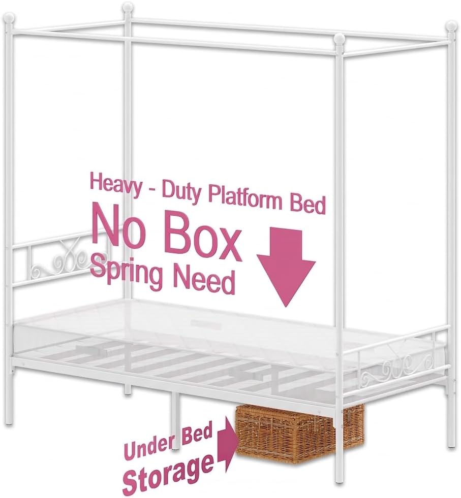 Weehom Twin Canopy Bed Frame with Headboard and Footboard, 4 Posters Metal Bed Frame, No Box Spring Needed, Mattress Foundation Platform Bed for Kids and Adults, White