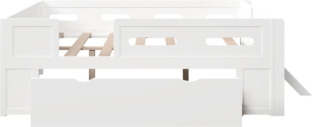 VilroCaz Modern Full Size Platform Bed with Guardrail and Large Drawer, Wood Kids Platform Bed Frame with Two-Step Ladder for Boys Girls, Sturdy Slats Support (White-1.12F)