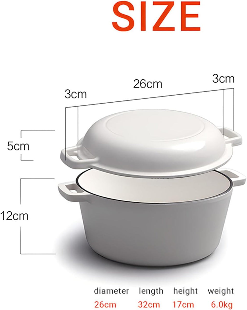 White,Mswborml Modern Simple Casserole Dish with Lid Oven Safe 26cm/10.2in, Sturdy Pre-Seasoned Cast Iron Double Dutch Oven with Lid, Heavy-Duty Shallow Casserole Braiser with Dual Handle Ovenproof