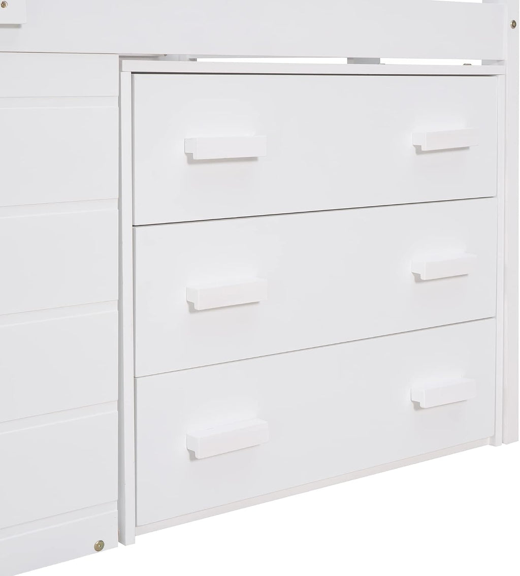 Ball & Cast Twin Size Low Loft Bed with Safety Guardrail & Stair,Wooden Bedframe W/Cabinet & Shelf,Solid Construction,No Spring Box Needed,Furniture Set for Boys Girls Keens Study Bedroom,White