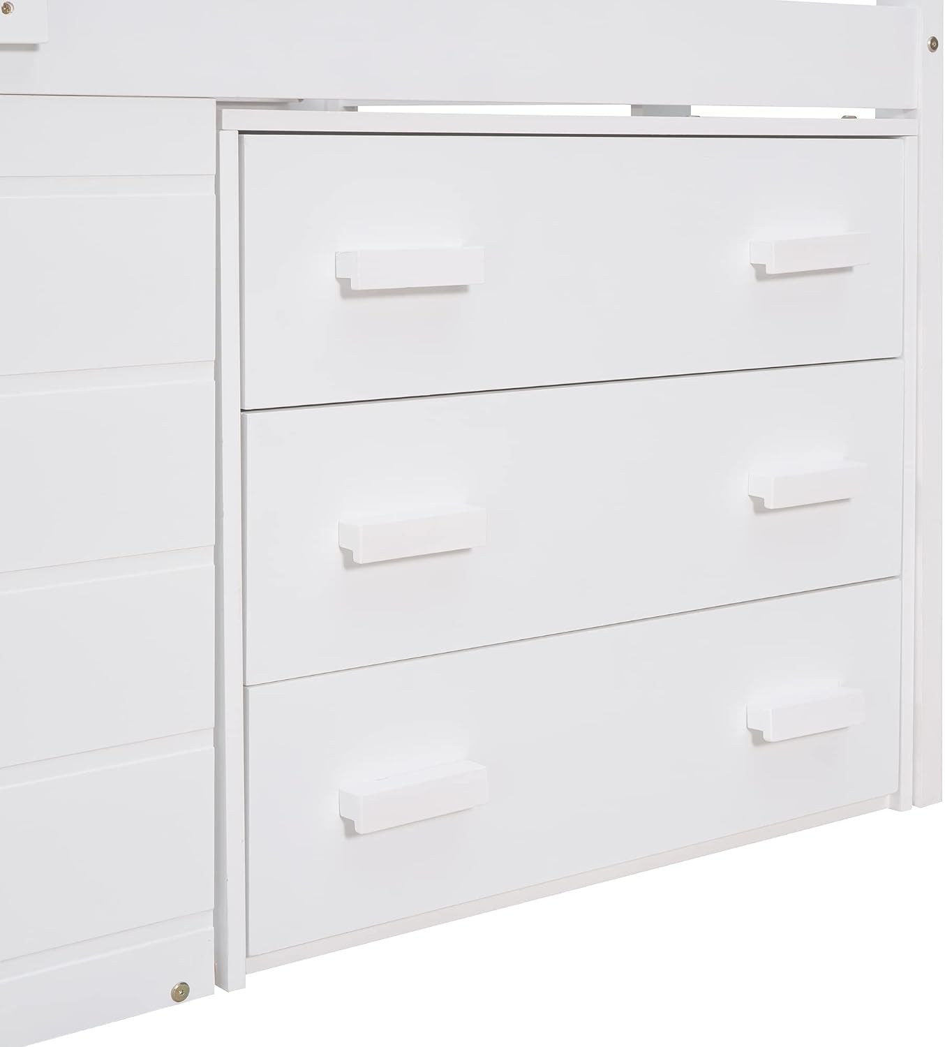 Ball & Cast Twin Size Low Loft Bed with Safety Guardrail & Stair,Wooden Bedframe W/Cabinet & Shelf,Solid Construction,No Spring Box Needed,Furniture Set for Boys Girls Keens Study Bedroom,White