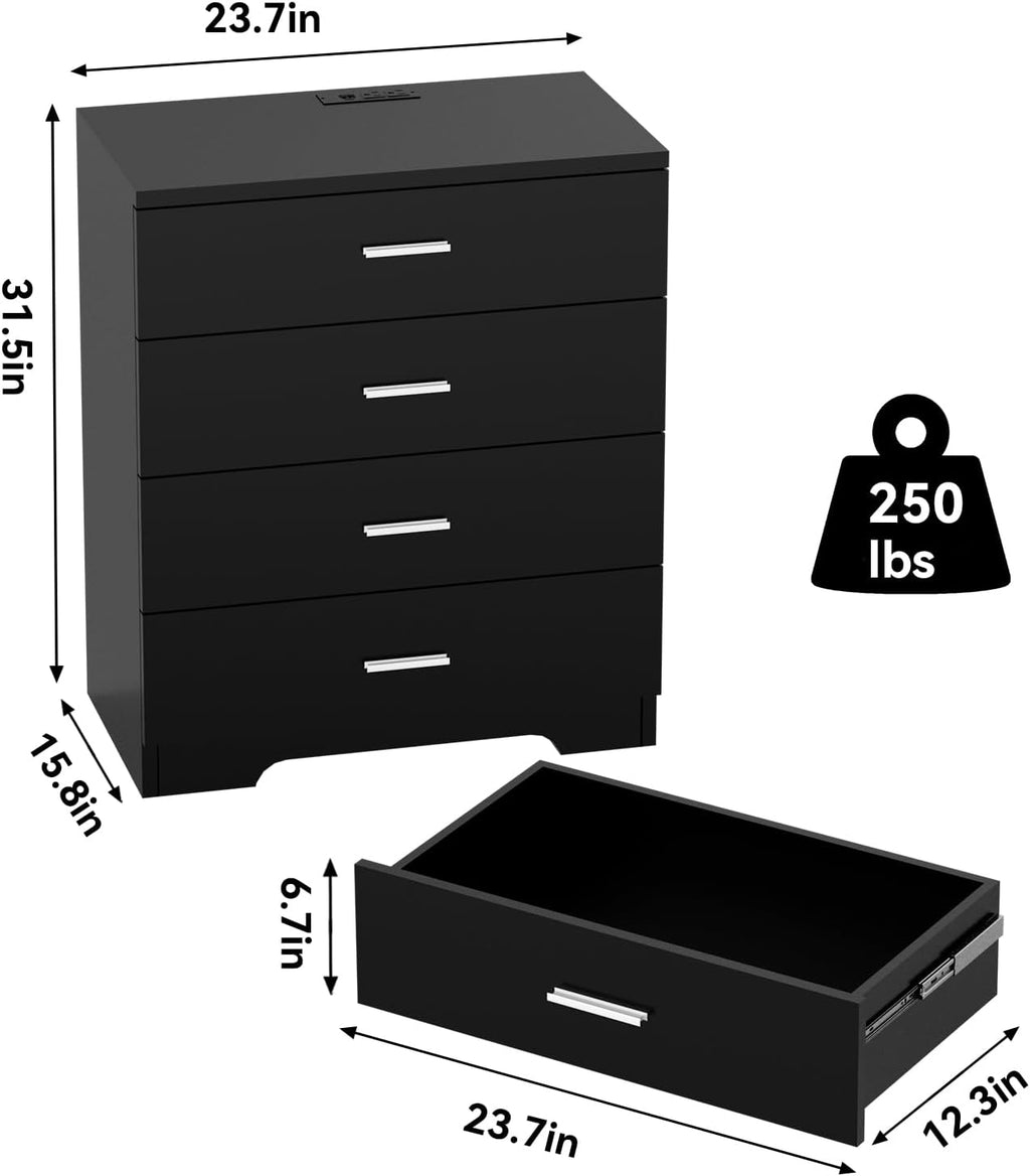 FJTJBSI Dresser with Power Outlets Wooden 4 Drawer Dresser with USB and Type C Port Chest of Drawers for Bedroom Tall Black Organizer Storage for Living Room Hallway Closet