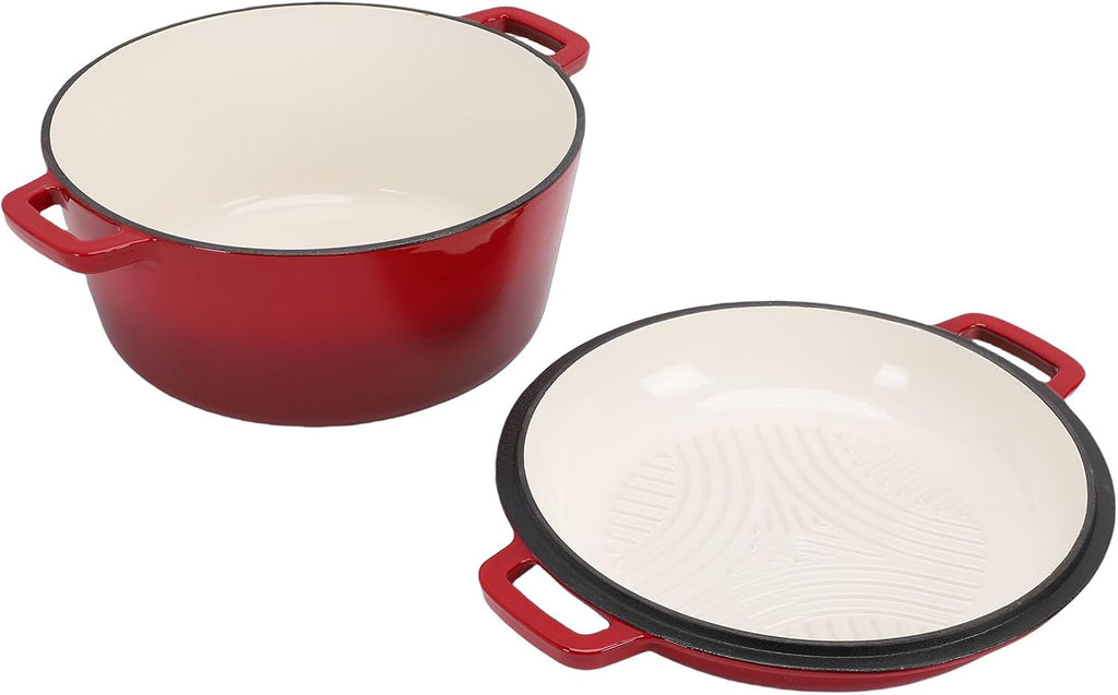 AYNEFY AYNEFY Cast Iron Braiser Pot 5QT Cast Iron Oven 2 in 1 Round Pot for Home Kitchen Braising Stewing Frying Baking Simmering Uniform Heat Distribution Kitchen Tools