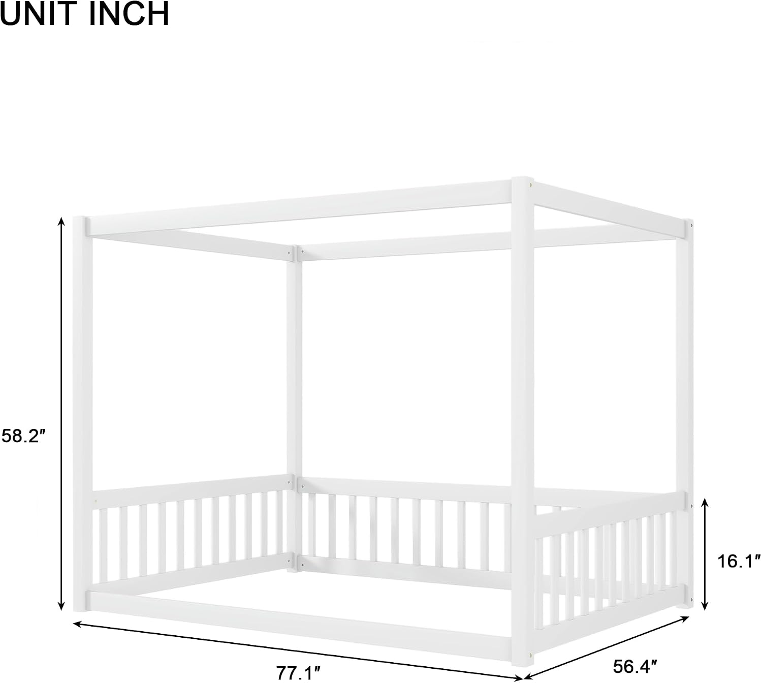 CZBZ Full Size Rubber Wood Canopy Floor Bed with Guardrails, White — Modern Minimalist Bedroom Centerpiece for Rest, Reading & Quiet Play