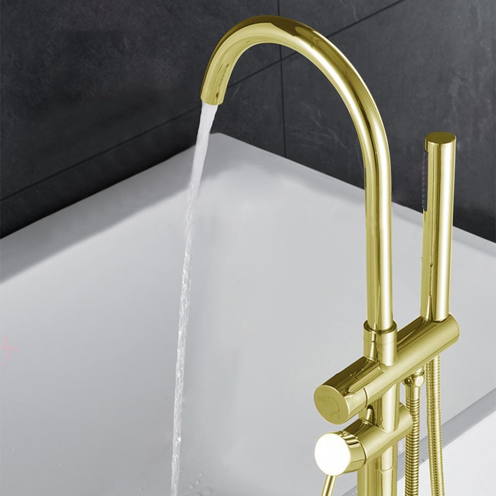 Floor Mount Bathtub Faucet, Freestanding Tub Filler, Standing Swivel Spout Shower Faucets Shower Mixer Taps with Cylinder Handheld Shower (Brushed Gold, With Embedded Box)