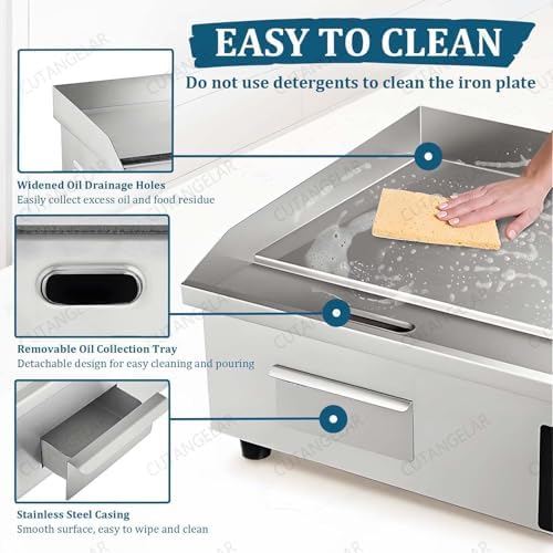 Commercial Electric Teppanyaki Griddle, 1700W Stainless Steel Flat Top Grill, Adjustable Heat 122-572°F, Large Non-Stick Cooking Surface for Versatile Meal Preparation