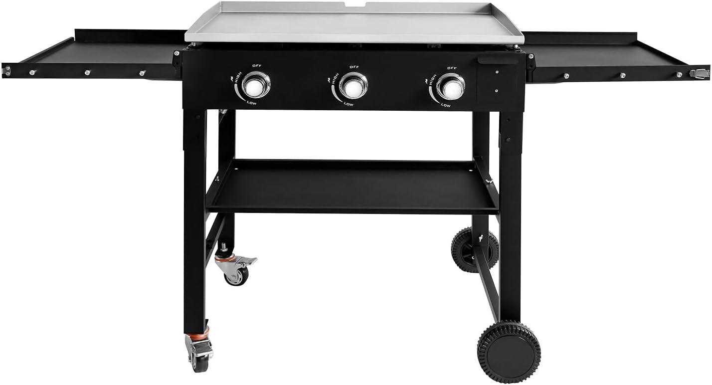 Alpine Cuisine Cast Iron Griddle & 3 Burner Gas Grill Combo, Outdoor Cooking Station with Side Shelves & Wheels | 67' x 24' x 35'