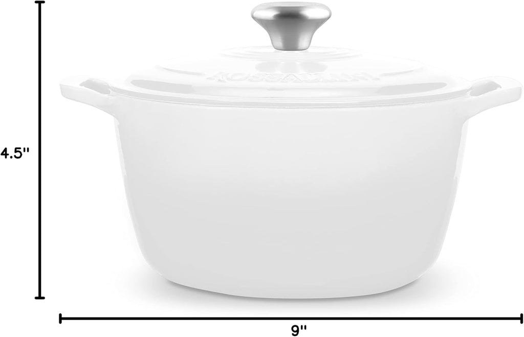 ROSSALLINI Signature Enameled Cast Iron Dutch Oven, Non-Stick Serving Pot with Tight Fitting Lid for Perfect Roasting, Baking, Sauteing, and Bread Making | 4.5Q (4.2L) - White