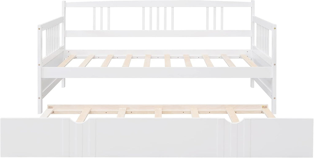 Merax Daybed with Trundle Bed Wooden Slats Support Modern Living Daybed with Rails, Twin Size, White