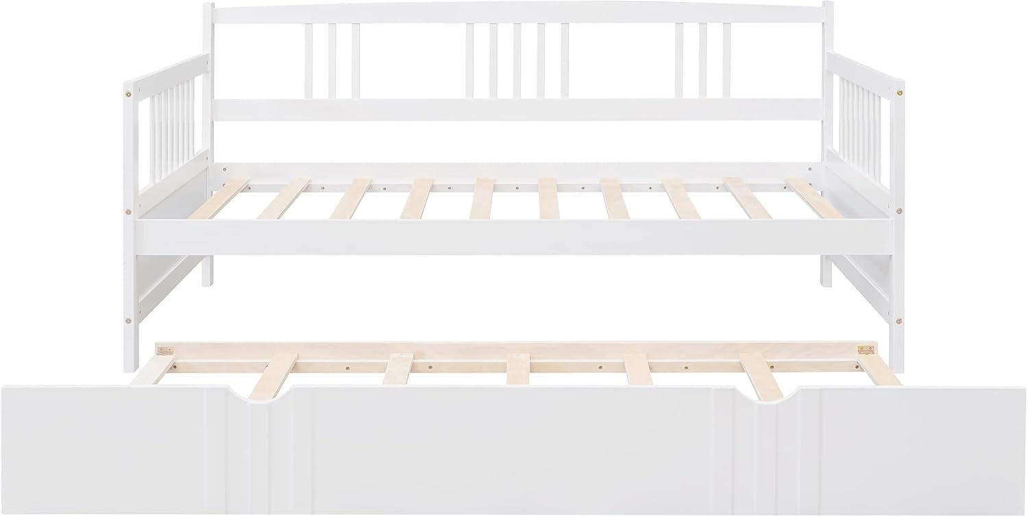 Merax Daybed with Trundle Bed Wooden Slats Support Modern Living Daybed with Rails, Twin Size, White