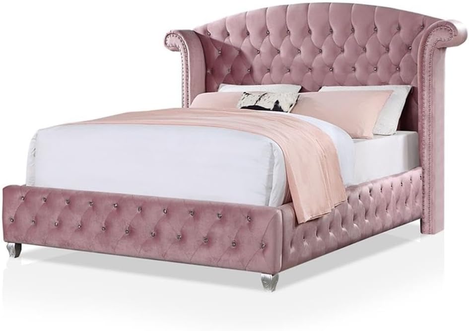 Furniture of America FOA Cyndi 3pc Pink Fabric Bedroom Set- Full + 2 Nightstands and Care Kit