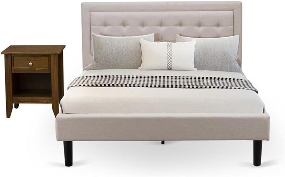 East West Furniture FN08Q-1GA08 2-Piece Fannin Bed Set with 1 Queen Size Bed and a Mid Century Nightstand - Reliable and Sturdy Manufacturing - Mist Beige Linen Fabric