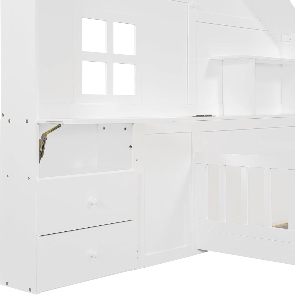 VilroCaz Twin Size Kids Floor Bed with Safety Fence, Solid Wood Montessori Platform Bed with House Shape Headboard with Bedside Drawers, Shelves, Sockets and USB Port for Kids Boys Girls (White-LT1)