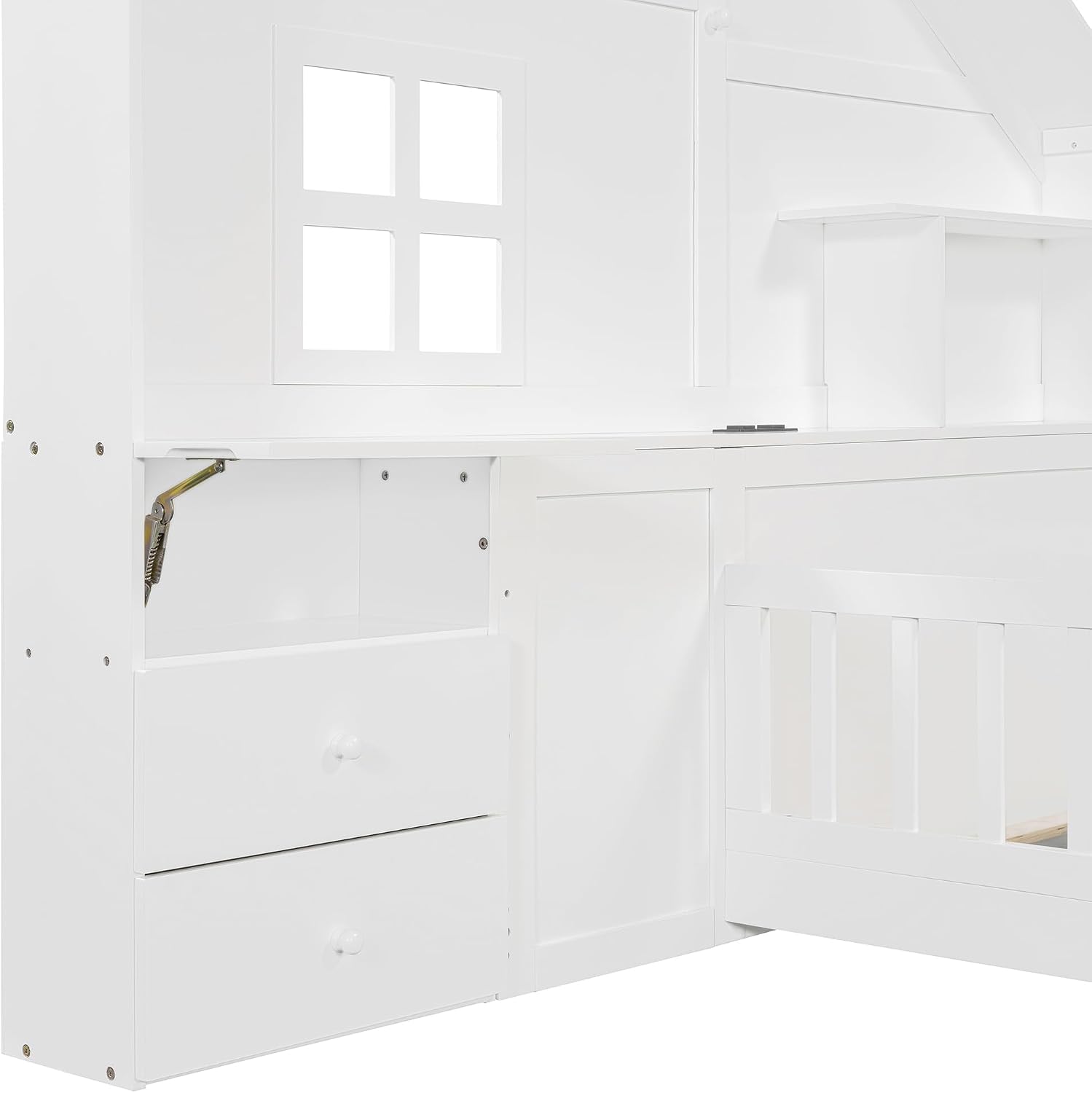 VilroCaz Twin Size Kids Floor Bed with Safety Fence, Solid Wood Montessori Platform Bed with House Shape Headboard with Bedside Drawers, Shelves, Sockets and USB Port for Kids Boys Girls (White-LT1)