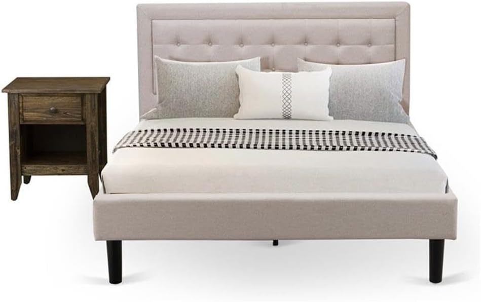 East West Furniture FN08Q-1GA07 2-Piece Fannin Queen Bedroom Set with 1 Wingback Bed and a Mid Century Modern Nightstand - Reliable and Durable Construction - Mist Beige Linen Fabric