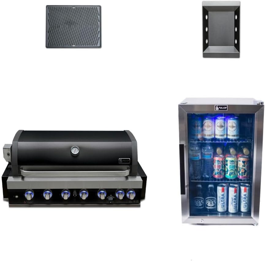 Mont Alpi Premium Black Stainless Steel Outdoor Kitchen Island 44'W 6-Burner Built-in BBQ Grill Head Set with Compact Glass Door Refrigerator + Charcoal Tray and Dual Sided Griddle Plate Combo Bundle