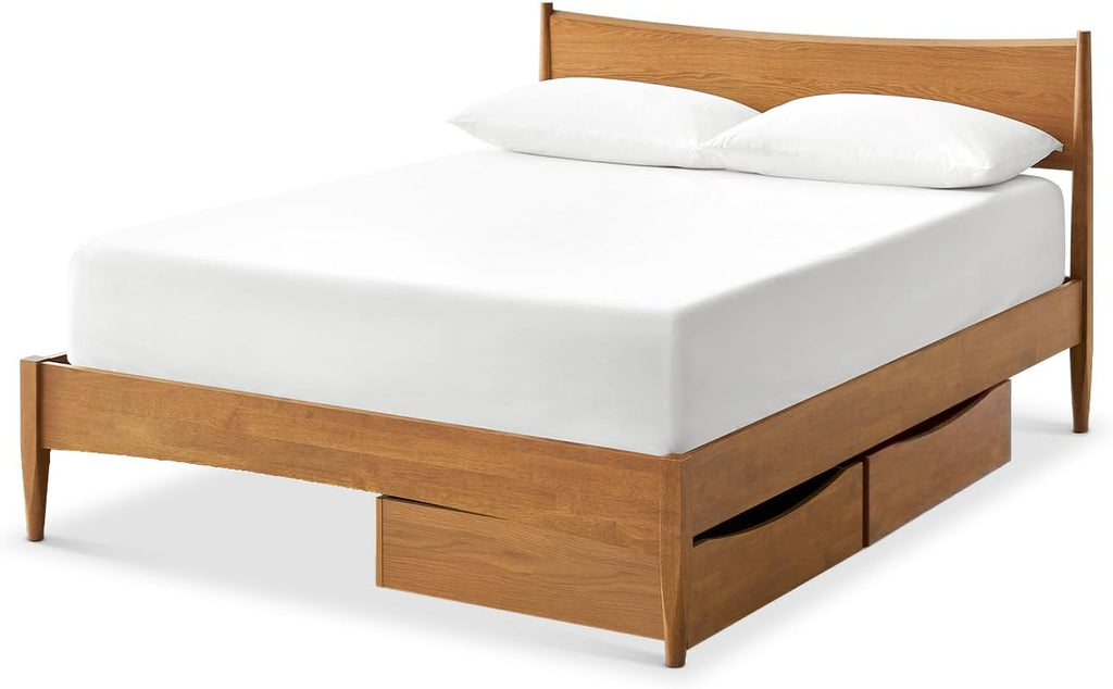 mopio Retrovie Mid-Century Modern Queen Bed Frame – Solid Wood Legs, LVL Slat System, No Box Spring Needed, Supports 661 lbs, Easy Assembly (Walnut, 2 Drawers)
