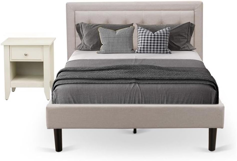 East West Furniture FN08F-1GA0C 2-Pc Fannin Bed Set with 1 Platform Bed and a Night Stand for Bedrooms - Reliable and Durable Manufacturing - Mist Beige Linen Fabric