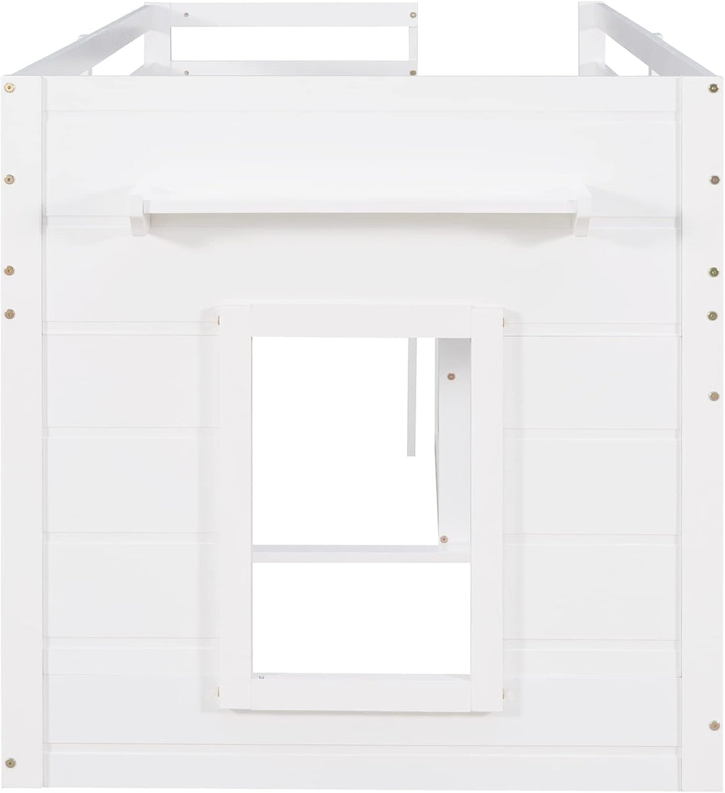 Ball & Cast Twin Size Low Loft Bed with Safety Guardrail & Stair,Wooden Bedframe W/Cabinet & Shelf,Solid Construction,No Spring Box Needed,Furniture Set for Boys Girls Keens Study Bedroom,White