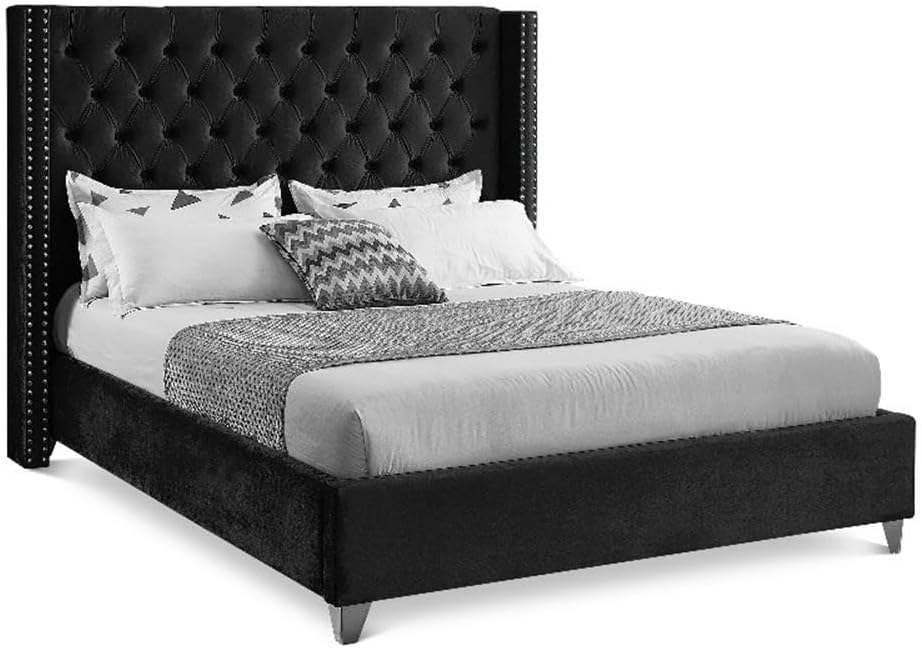 Meridian Furniture Aiden Collection Modern | Contemporary Velvet Upholstered Bed with Deep Button Tufting, Solid Wood Frame, and Custom Chrome Legs, Full, Black