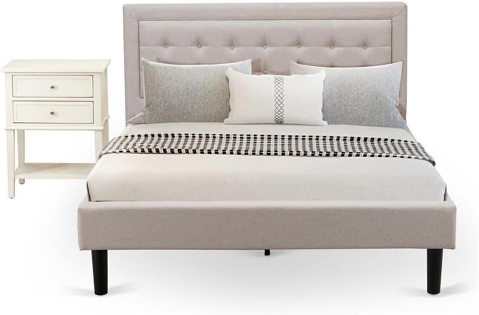 East West Furniture FN08Q-1VL0C 2-Piece Fannin Queen Bedroom Set with 1 Queen Bedframe and a Small End Table - Reliable and Sturdy Manufacturing - Mist Beige Linen Fabric