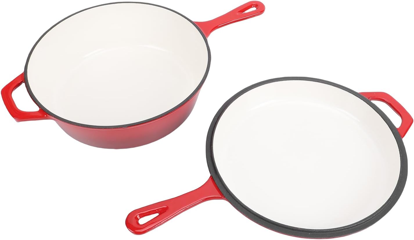 Keenso Braiser Pan with Lid, Cast Iron Skillet Dutch Oven Pot, 4QT Large Capacity for Family Cooking and Multiple Stove Use