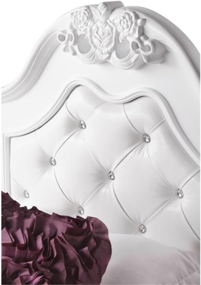 Pemberly Row Contemporary 3 Piece Twin Bedroom Set, Solid Rubber Wood and Engineered Wood with Okume Veneer, White Faux Leather Headboard, Crystal Accents, Button Tufting, White Finish for Bedroom Use