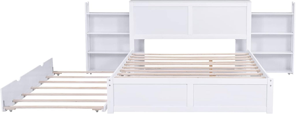 SOFTSEA Queen Bed Frame with Trundle Wood Platform Bed Frame with Pull Out Shevles for Bedroom