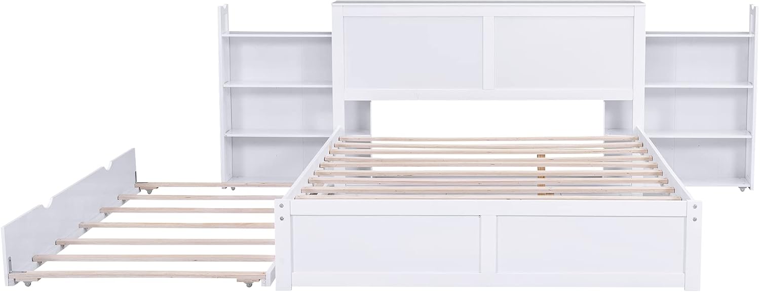 SOFTSEA Queen Bed Frame with Trundle Wood Platform Bed Frame with Pull Out Shevles for Bedroom