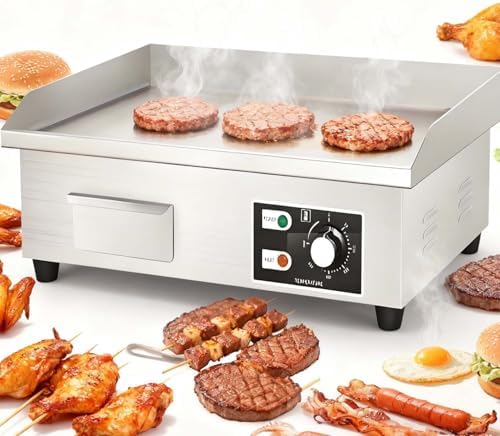 Commercial Stainless Steel Electric Griddle - 3000W Flat Top Grill with Adjustable Heat Settings, Non-Stick Teppanyaki Design, 14/22 Inch Versatile Cooking for Restaurants and Home Use.