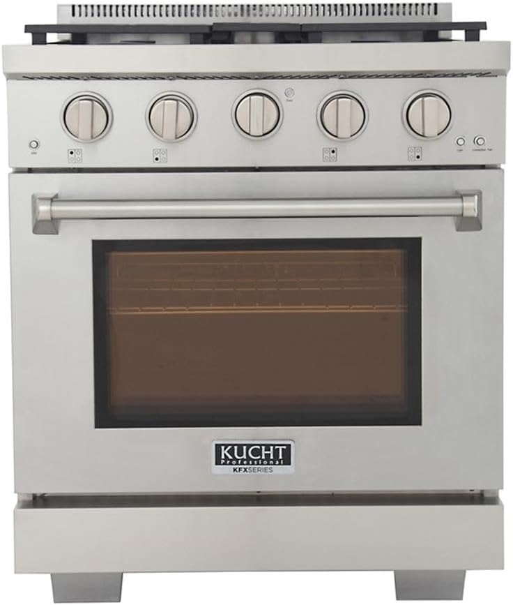 Pemberly Row 30' Natural Gas Range, Stainless Steel Finish, True Simmer Burners, 4-Burner Gas Stove, 21,000 BTU Rocket Power, Convection Oven, Infrared Broiler, Telescopic Shelves, Residential