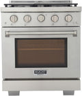 Pemberly Row 30' Natural Gas Range, Stainless Steel Finish, True Simmer Burners, 4-Burner Gas Stove, 21,000 BTU Rocket Power, Convection Oven, Infrared Broiler, Telescopic Shelves, Residential