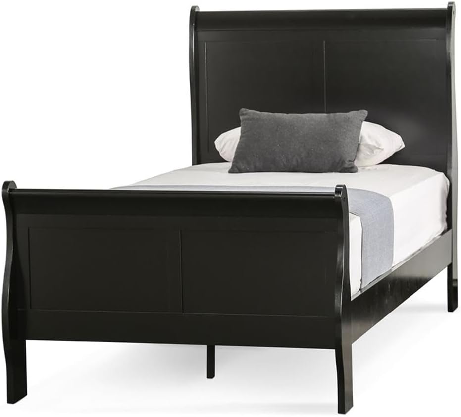 BOWERY HILL Transitional Solid Wood Panel Twin Bed, Black Finish, Sleigh Design, 83.5' L x 41.38' W x 47.25' H, Robust Frame, Paneled Headboard, Kids Bedroom Furniture