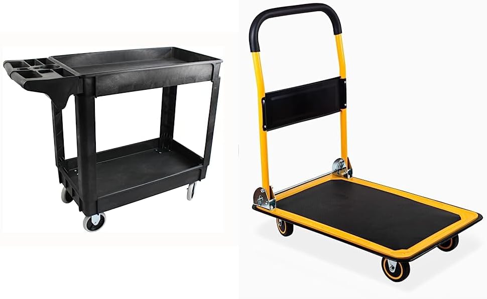 MaxWorks 80855 500-Pound Service Cart with Two Trays 30'X16' & 80876- Foldable Platform Truck Push Dolly 330 lb. Weight Capacity