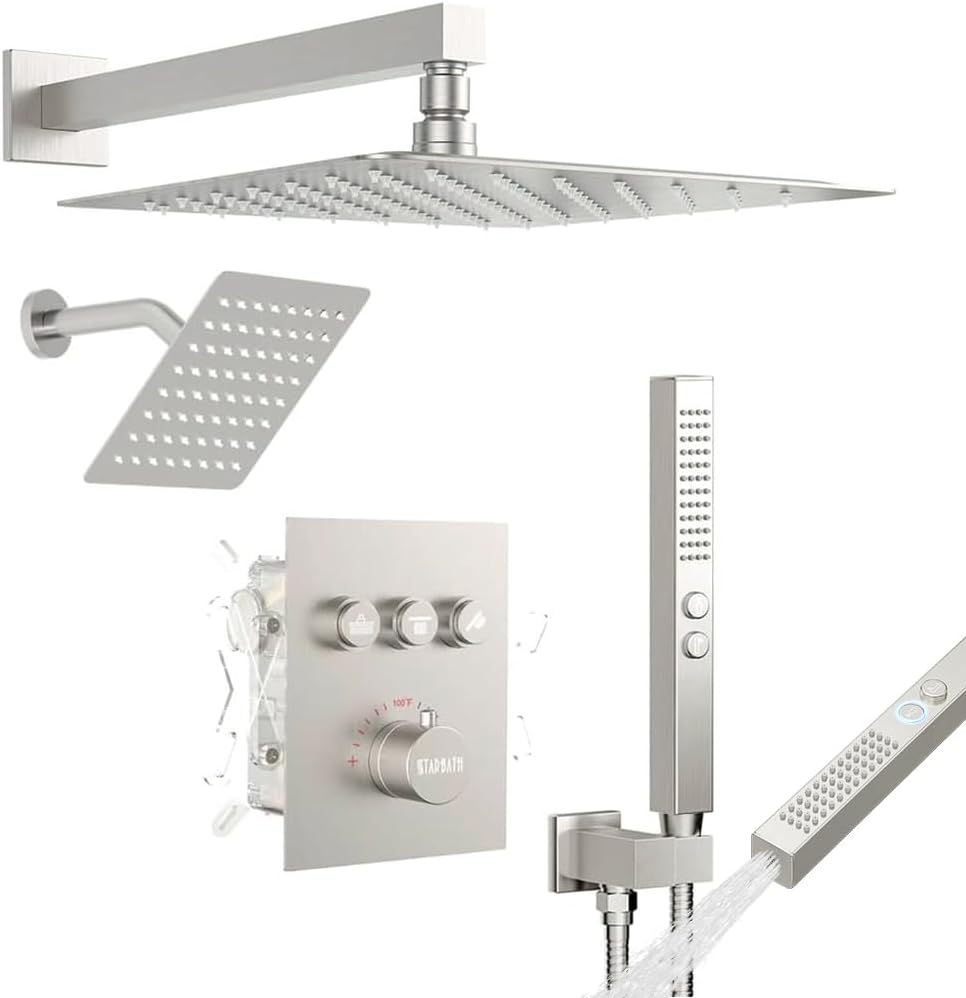 Thermostatic Shower System Brushed Nickel, STARBATH Shower Faucets Sets 12+ 6' Wall Mount Rain Shower and 2 in 1 Handhled, Can Use All at Once, Push Button 3 Modes Valve Complete Shower Set