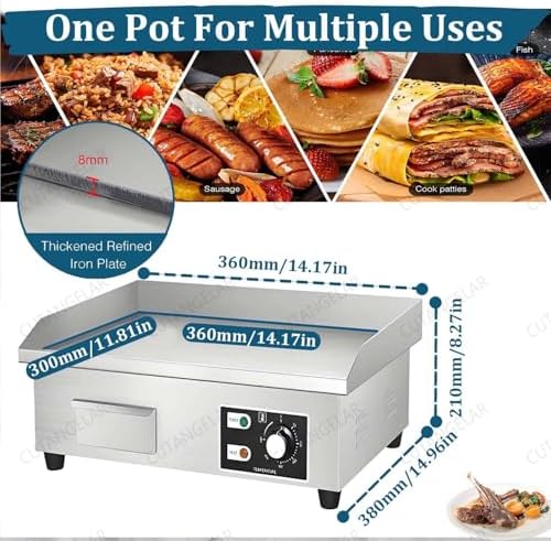 Commercial Stainless Steel Teppanyaki Electric Griddle - 1700W Flat Top Grill with Adjustable Heat 122-572°F, Large Non-Stick Surface for Versatile Cooking Needs