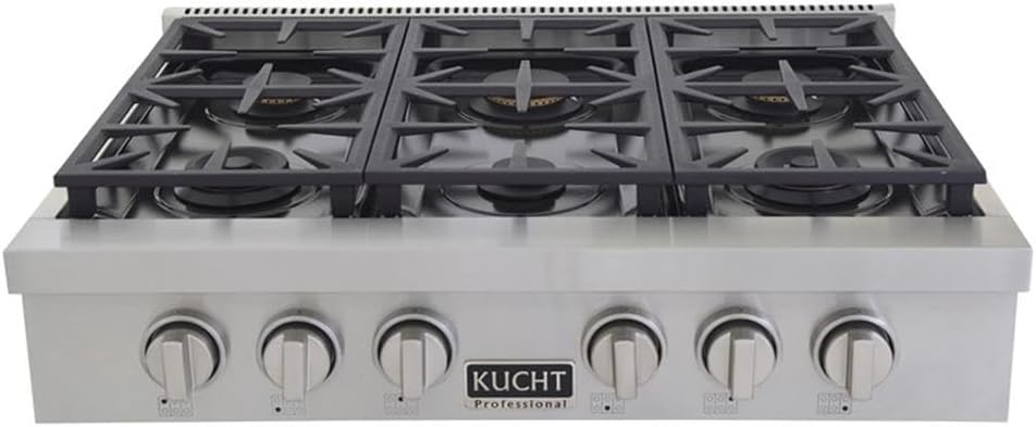 Pemberly Row 36' Natural Gas Range Top, Stainless Steel, Classic Silver Knobs, 6 Burners w/Auto Reignition, Cast-Iron Grates, Built-in Grill/Griddle, High-Powered Cooktop for Home Kitchens